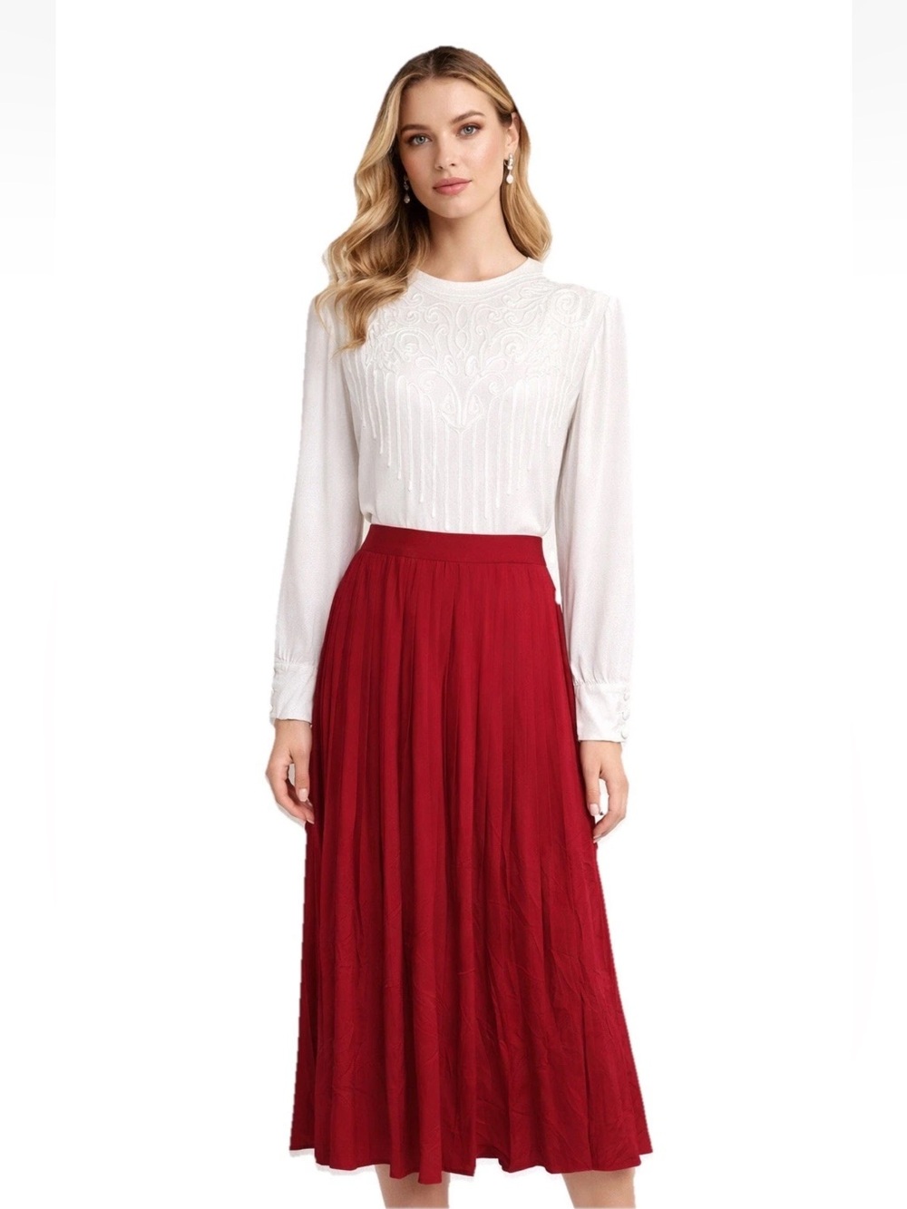 Vintage Nancy Johnson 80s Colorblock Dress Ivory and Red Party Cocktail Holiday‎
